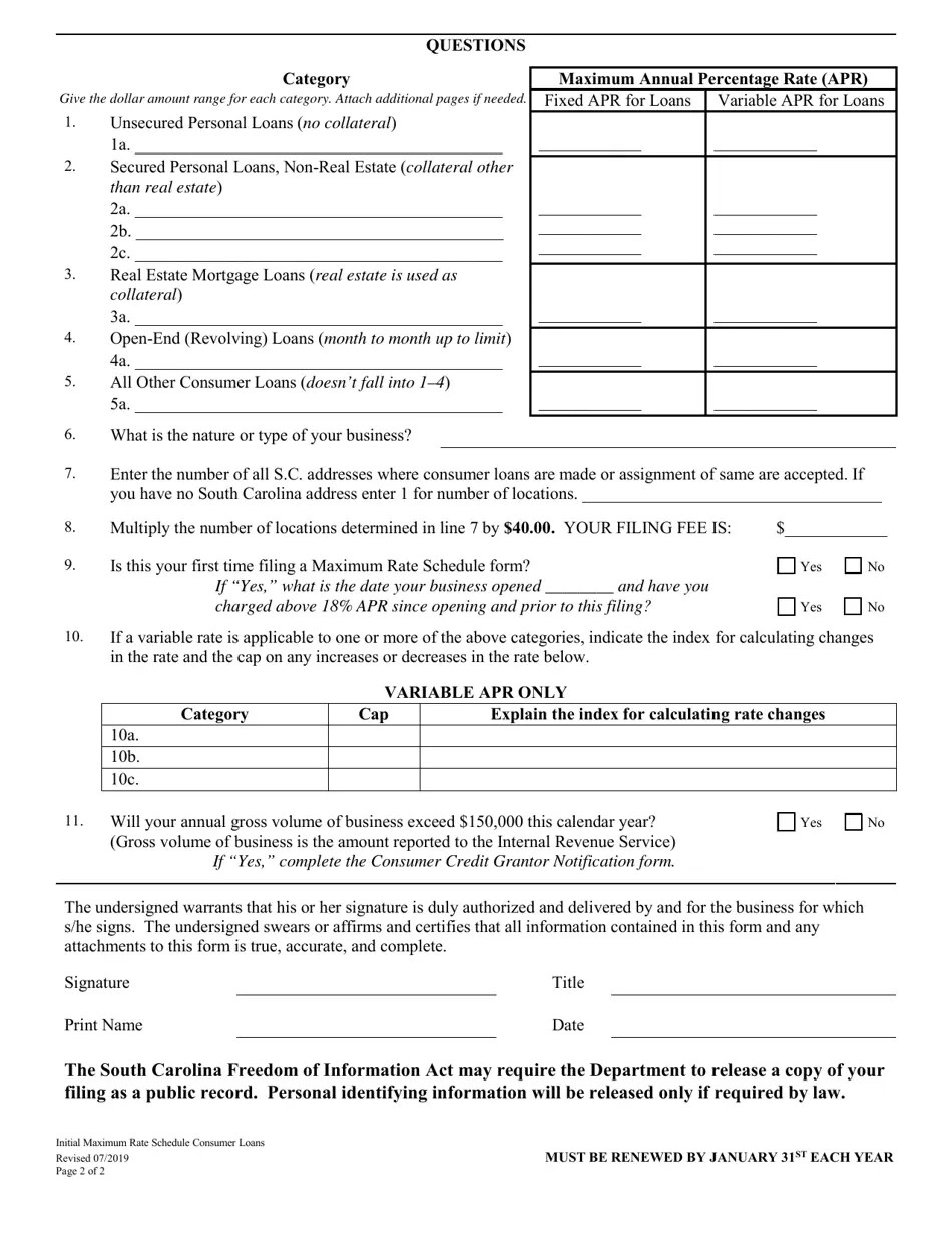 South Carolina Initial Maximum Rate Schedule Consumer Loans Fill
