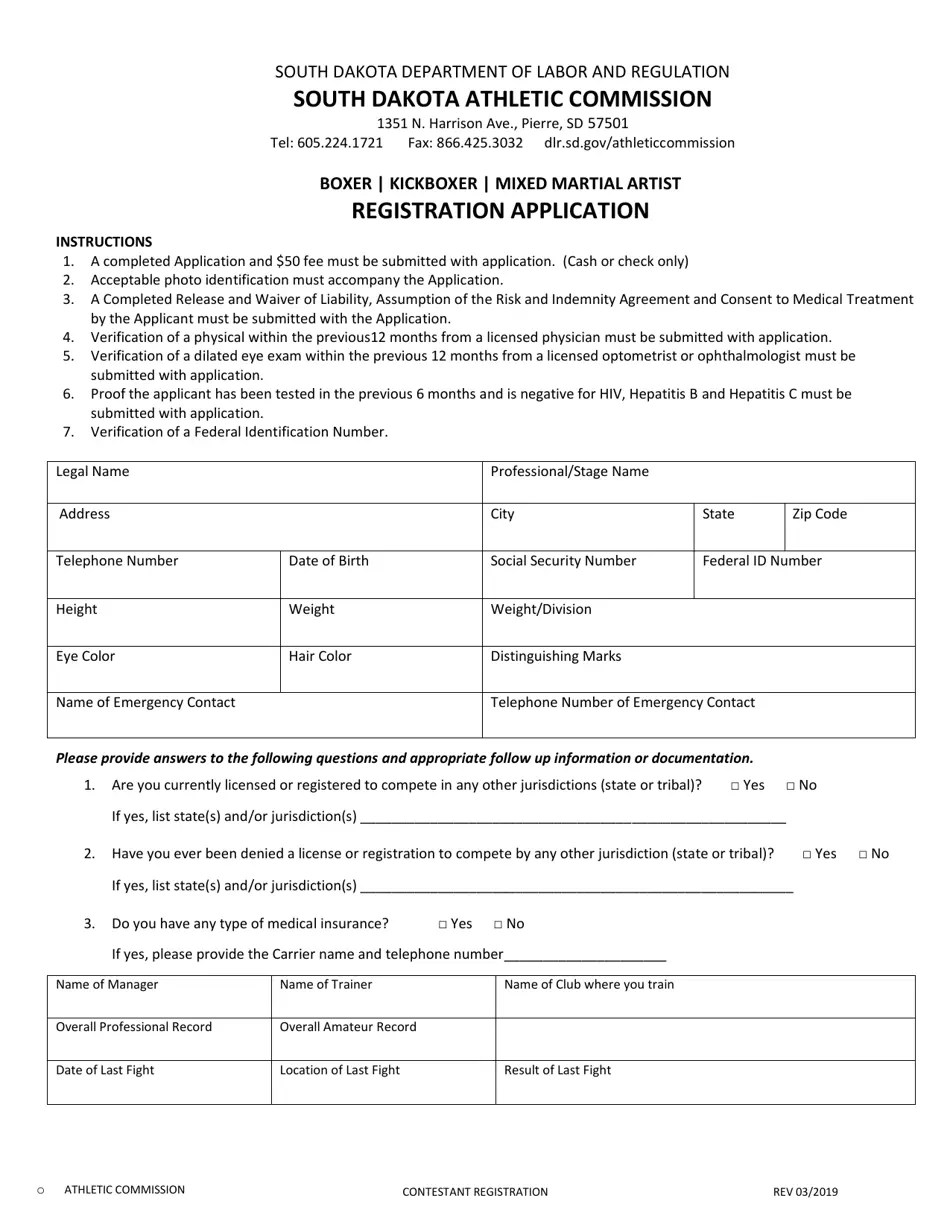 South Dakota Contestant Registration Application Fill Out, Sign