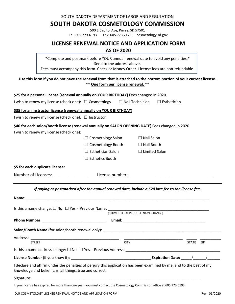 2020 South Dakota License Renewal Notice and Application Form Fill
