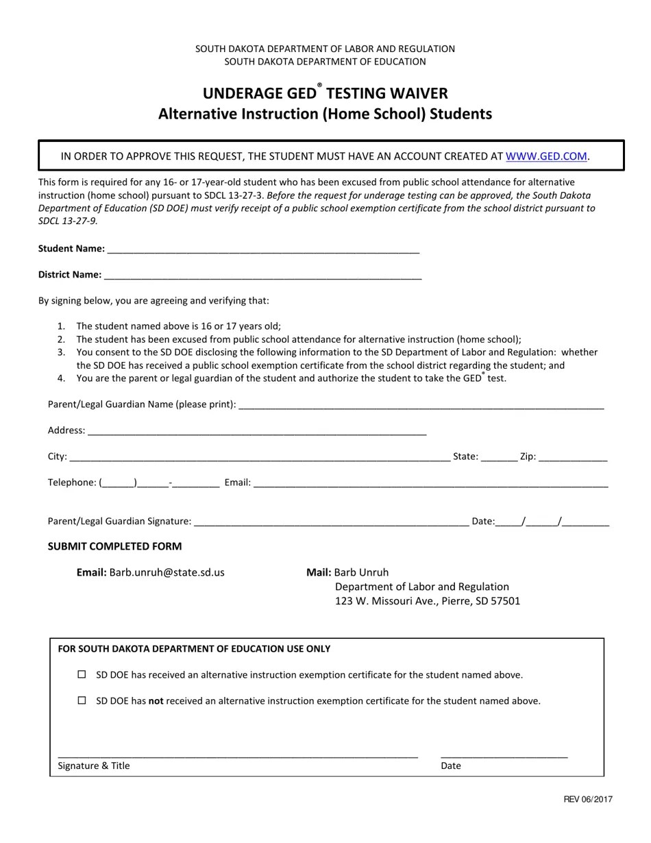 South Dakota Underage Ged Testing Waiver Alternative Instruction (Home