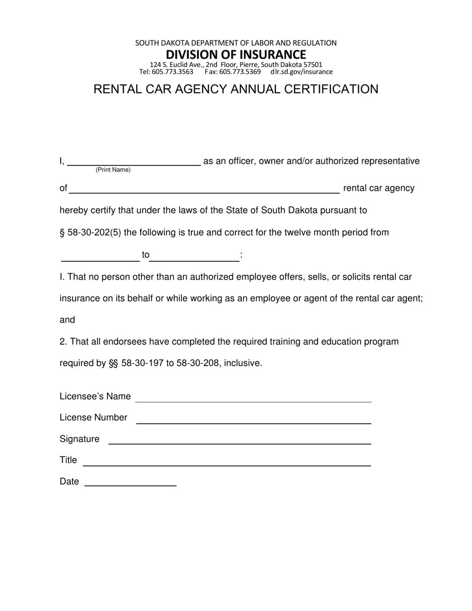South Dakota Rental Car Agency Annual Certification Fill Out, Sign