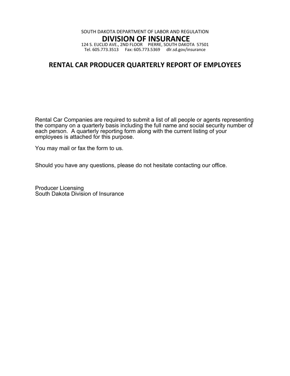 South Dakota Rental Car Producer Quarterly Report of Employees Fill