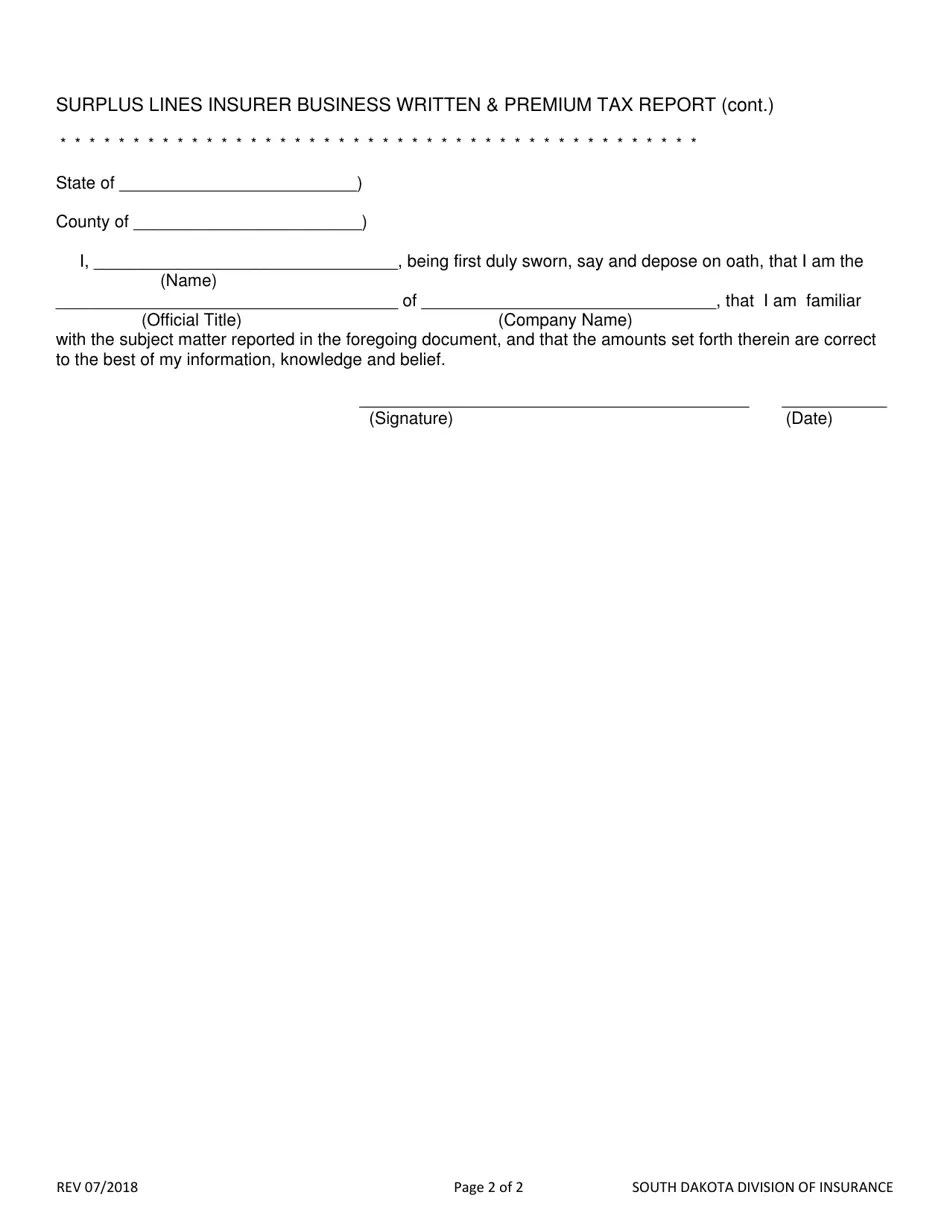 South Dakota Surplus Lines Insurer Business Written & Premium Tax