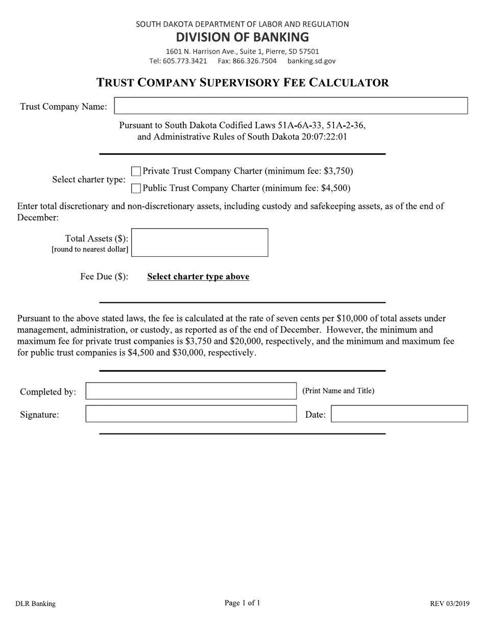 South Dakota Trust Company Supervisory Fee Calculator Fill Out, Sign