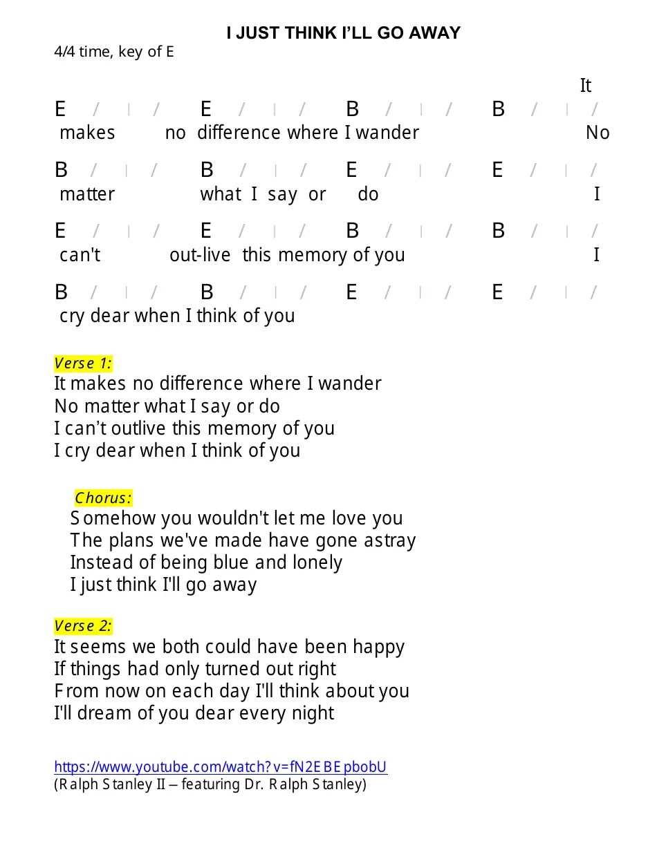 I Just Think I'll Go Away (4/4 Time, Key of E) Chord Chart Download Printable PDF Templateroller