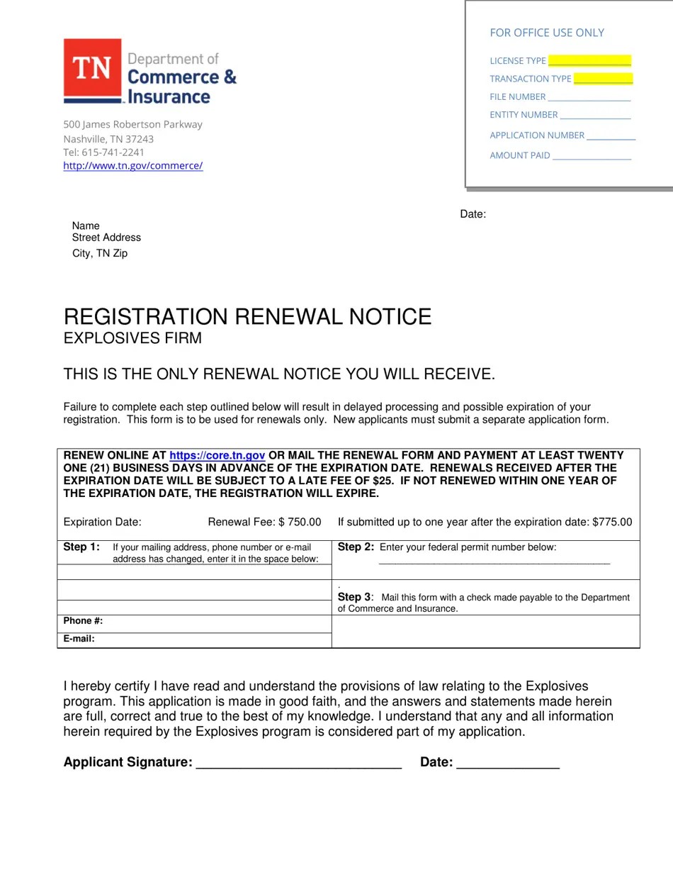 Tennessee Registration Renewal Notice Explosives Firm Fill Out