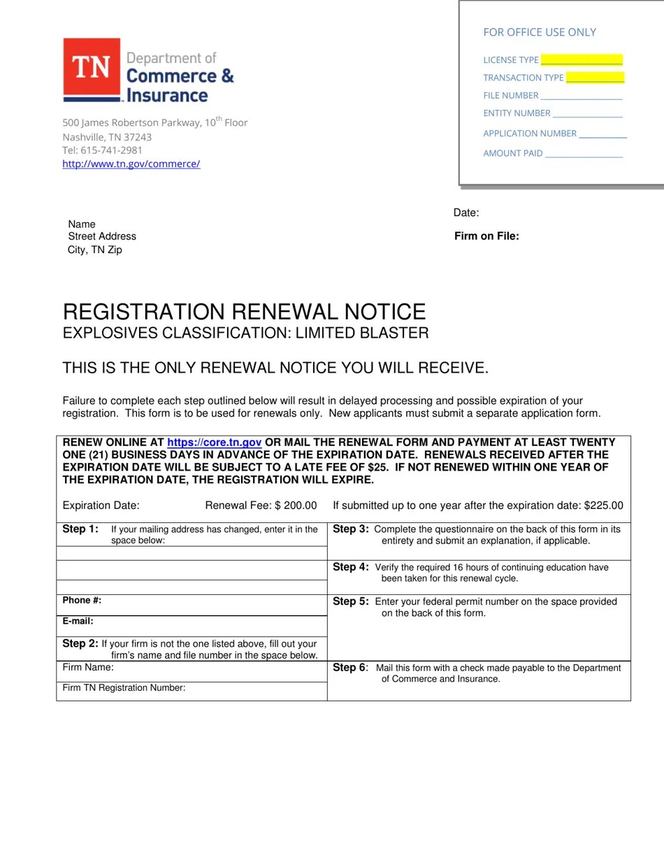 Tennessee Registration Renewal Notice Explosives Classification