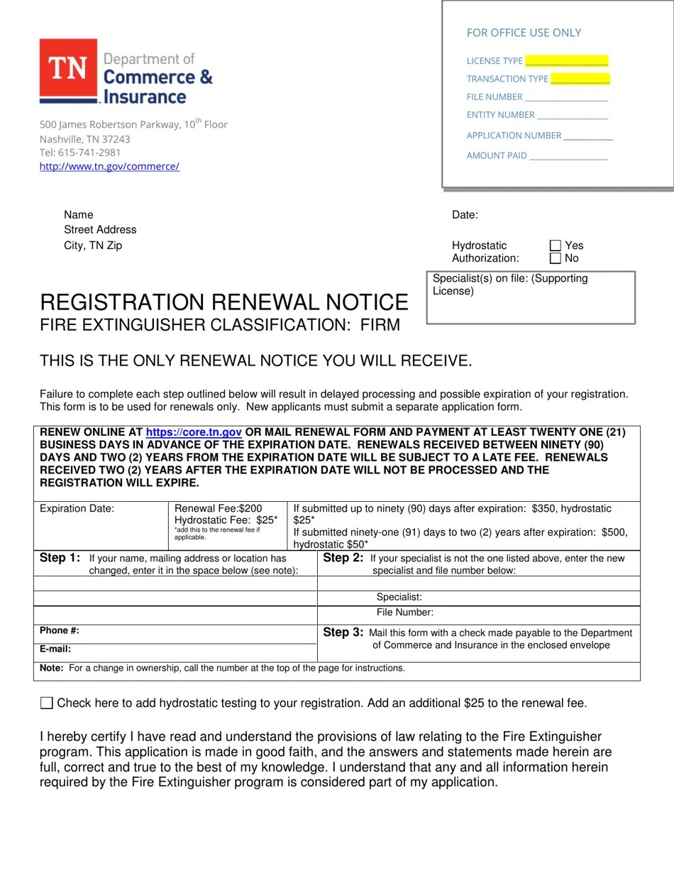 Tennessee Registration Renewal Notice Fire Extinguisher