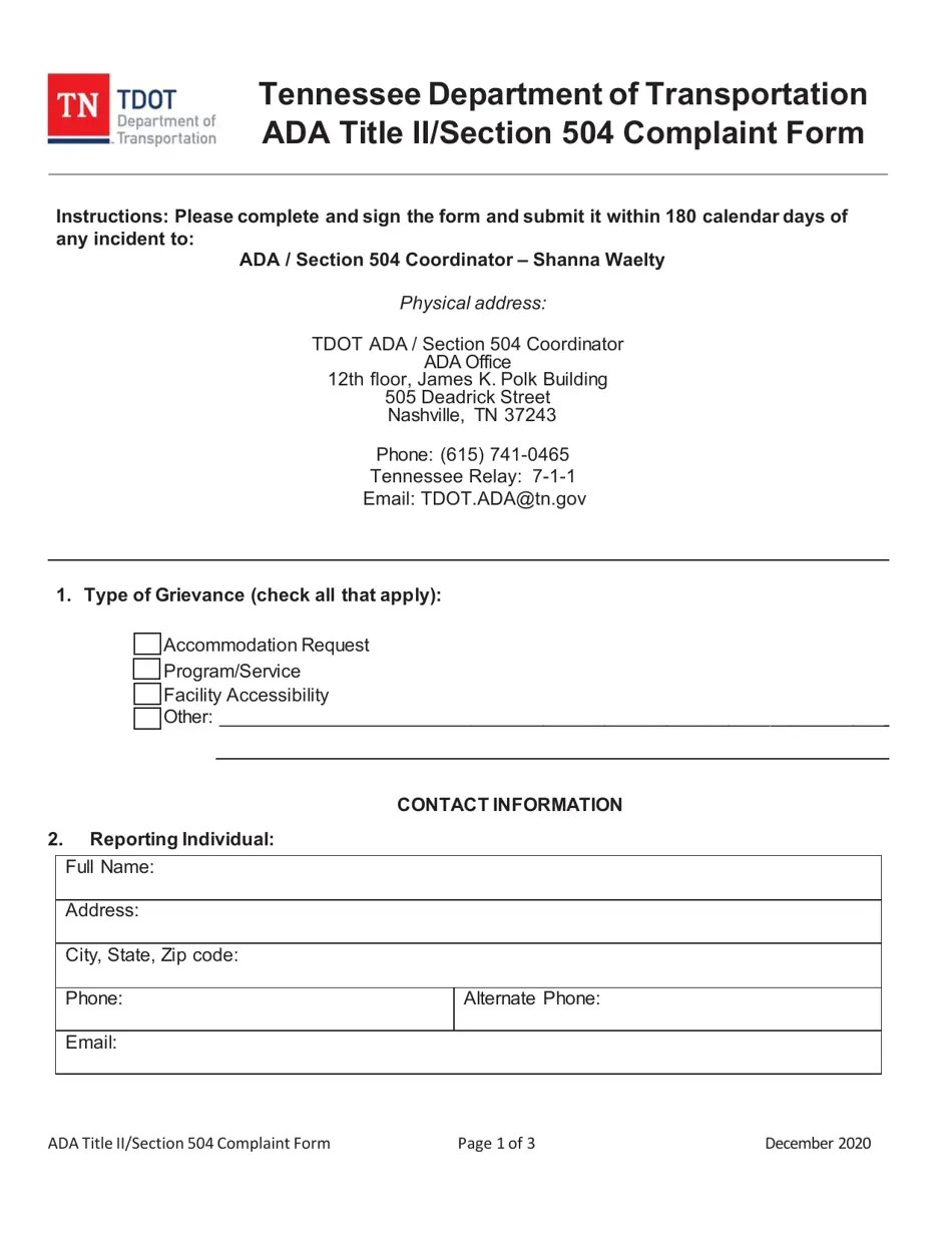 Tennessee Ada Title II/Section 504 Complaint Form Fill Out, Sign