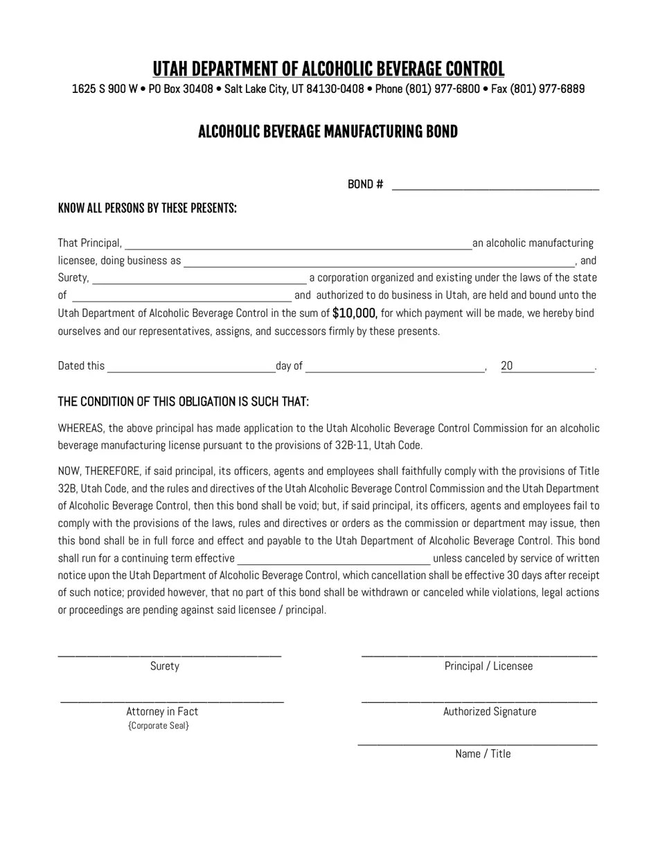 Utah Alcoholic Beverage Manufacturing Bond Fill Out, Sign Online and