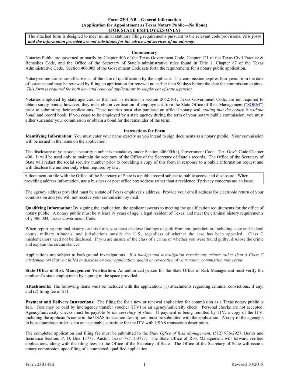 Form 2301NB Fill Out, Sign Online and Download Fillable PDF, Texas