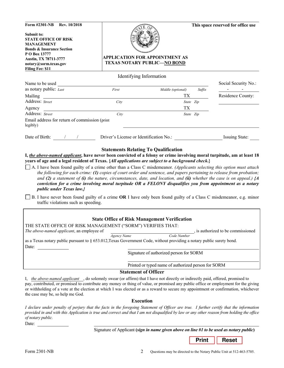 Form 2301NB Fill Out, Sign Online and Download Fillable PDF, Texas