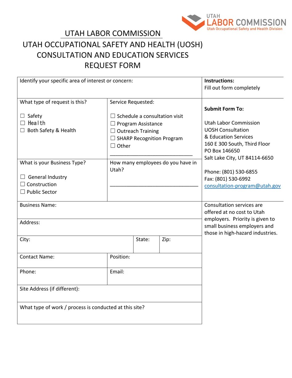 Utah Utah Occupational Safety and Health (Uosh) Consultation and