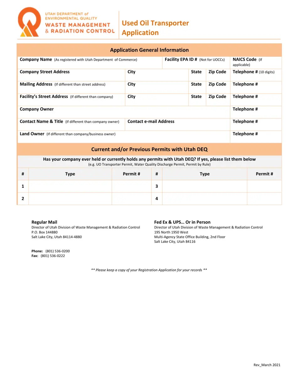 Utah Used Oil Transporter Application Fill Out, Sign Online and