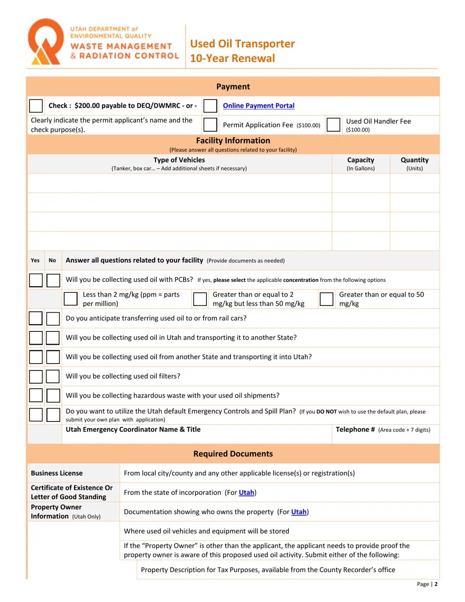 Utah Used Oil Transporter 10year Renewal Fill Out, Sign Online and