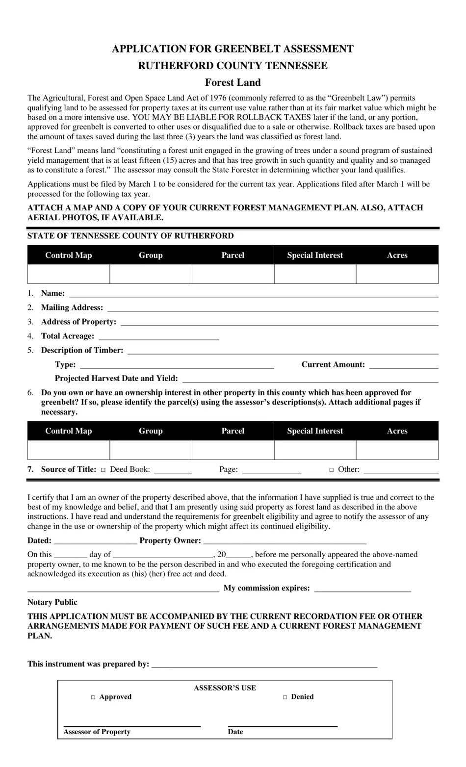 Rutherford County, Tennessee Application for Greenbelt Assessment
