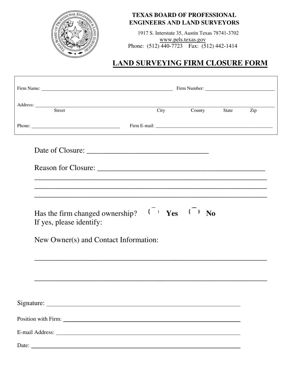 Texas Land Surveying Firm Closure Form Fill Out, Sign Online and