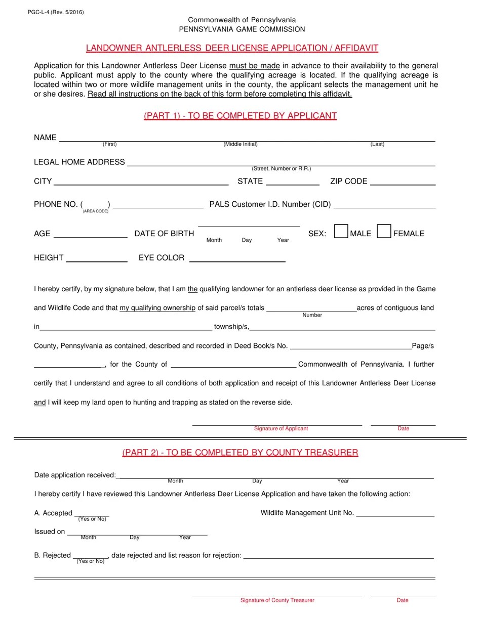 Form PGCL4 Download Fillable PDF or Fill Online Landowner Antlerless