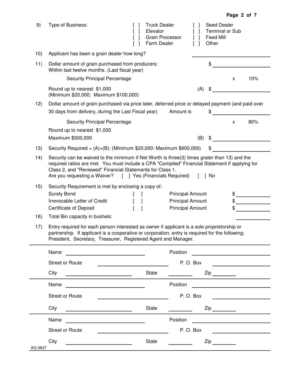 Form AG0627 Download Printable PDF or Fill Online Grain Dealer License