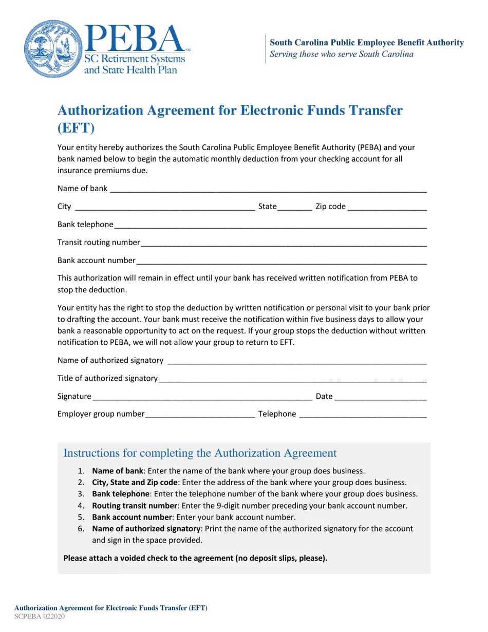 South Carolina Authorization Agreement for Electronic Funds Transfer