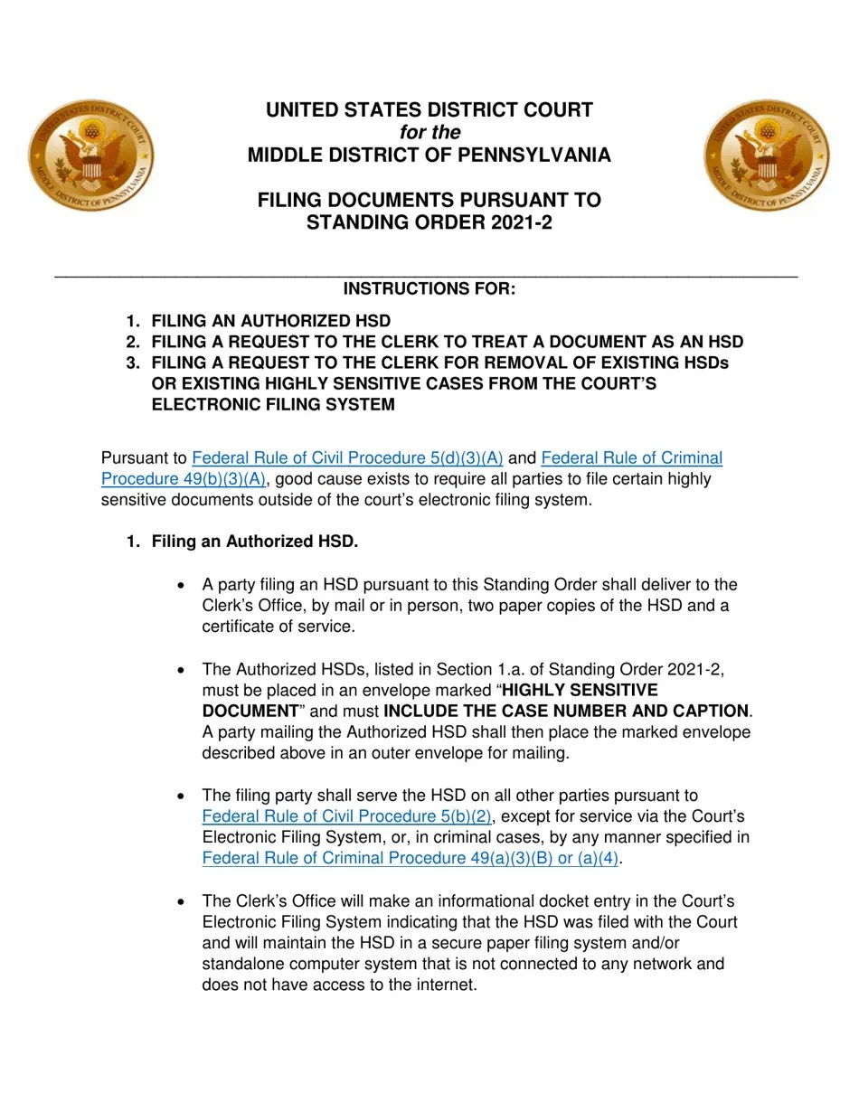 Pennsylvania Standing Order 20212 Requests to Clerk of Court Fill