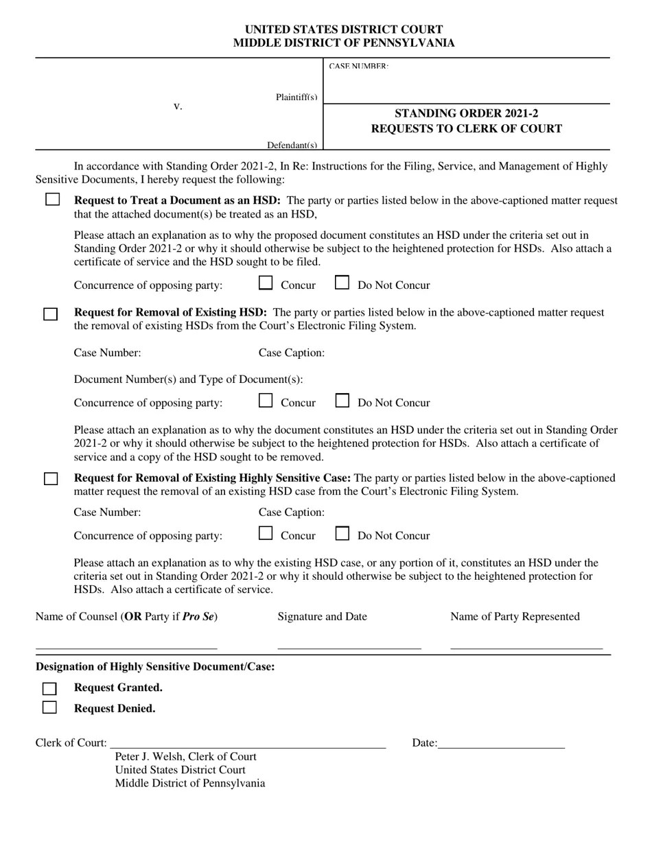 Pennsylvania Standing Order 20212 Requests to Clerk of Court Fill