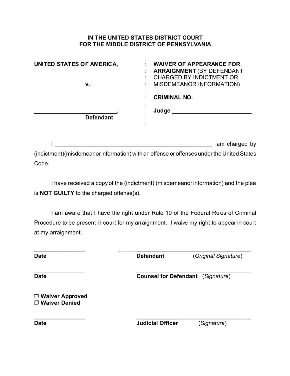 Pennsylvania Waiver of Appearance for Arraignment (By Defendant Charged by Indictment or