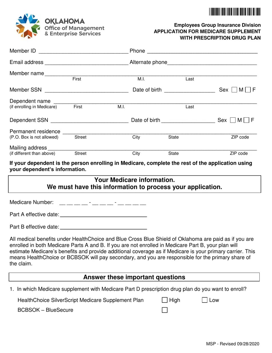 Oklahoma Application for Medicare Supplement With Prescription Drug