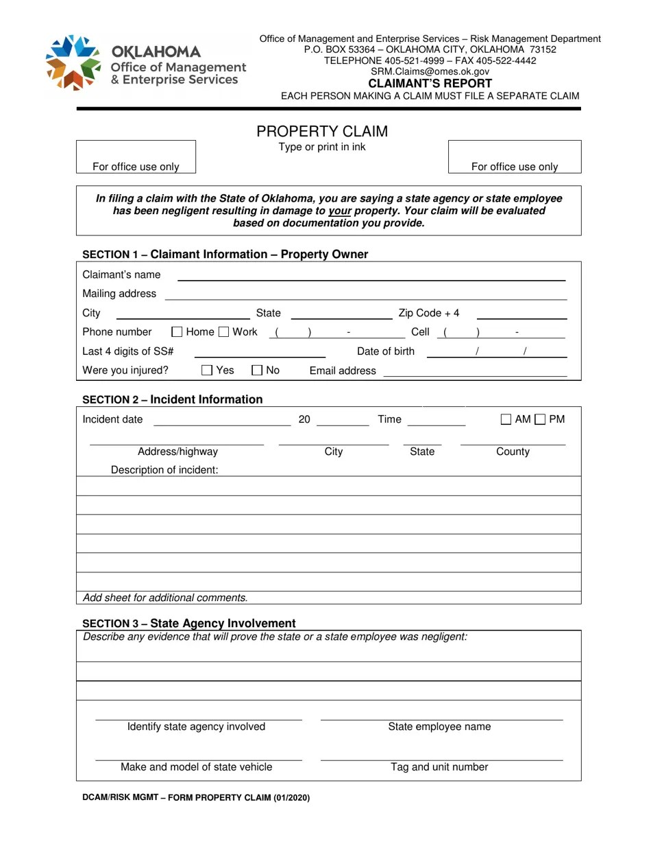 Oklahoma Property Claim Fill Out, Sign Online and Download PDF