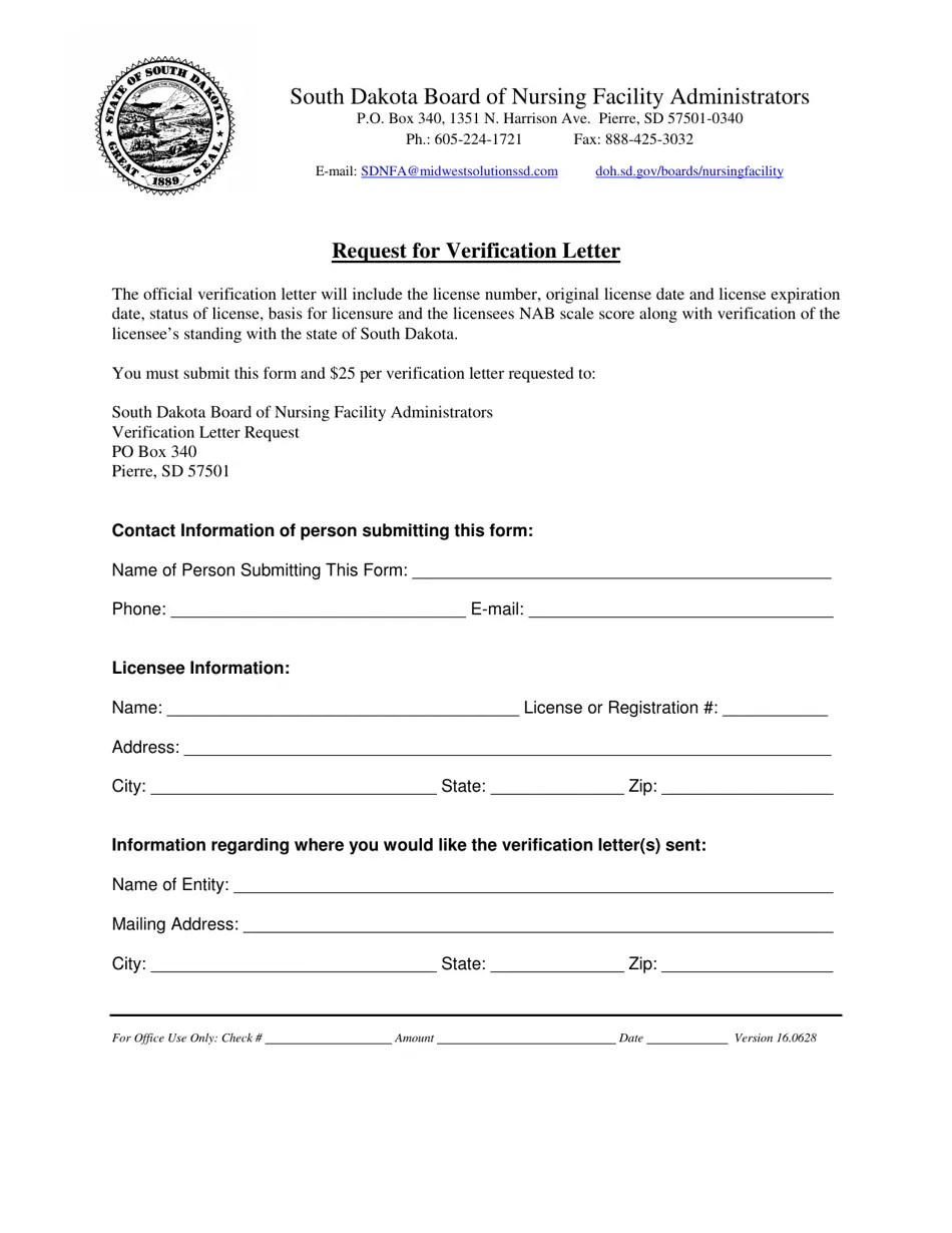 South Dakota Request for Verification Letter Fill Out, Sign Online