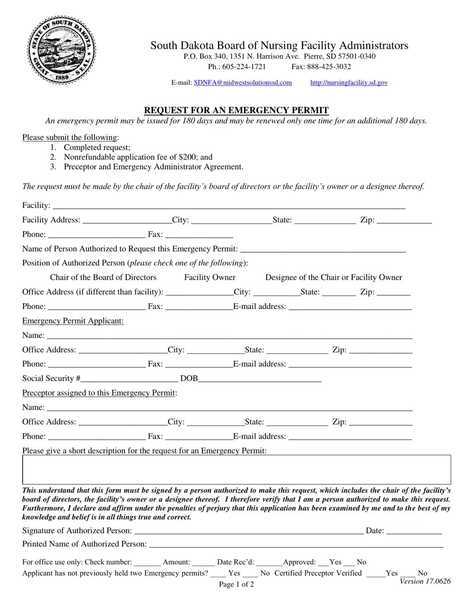 South Dakota Request for an Emergency Permit Fill Out, Sign Online