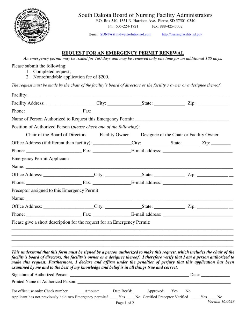 South Dakota Request for an Emergency Permit Renewal Download Printable