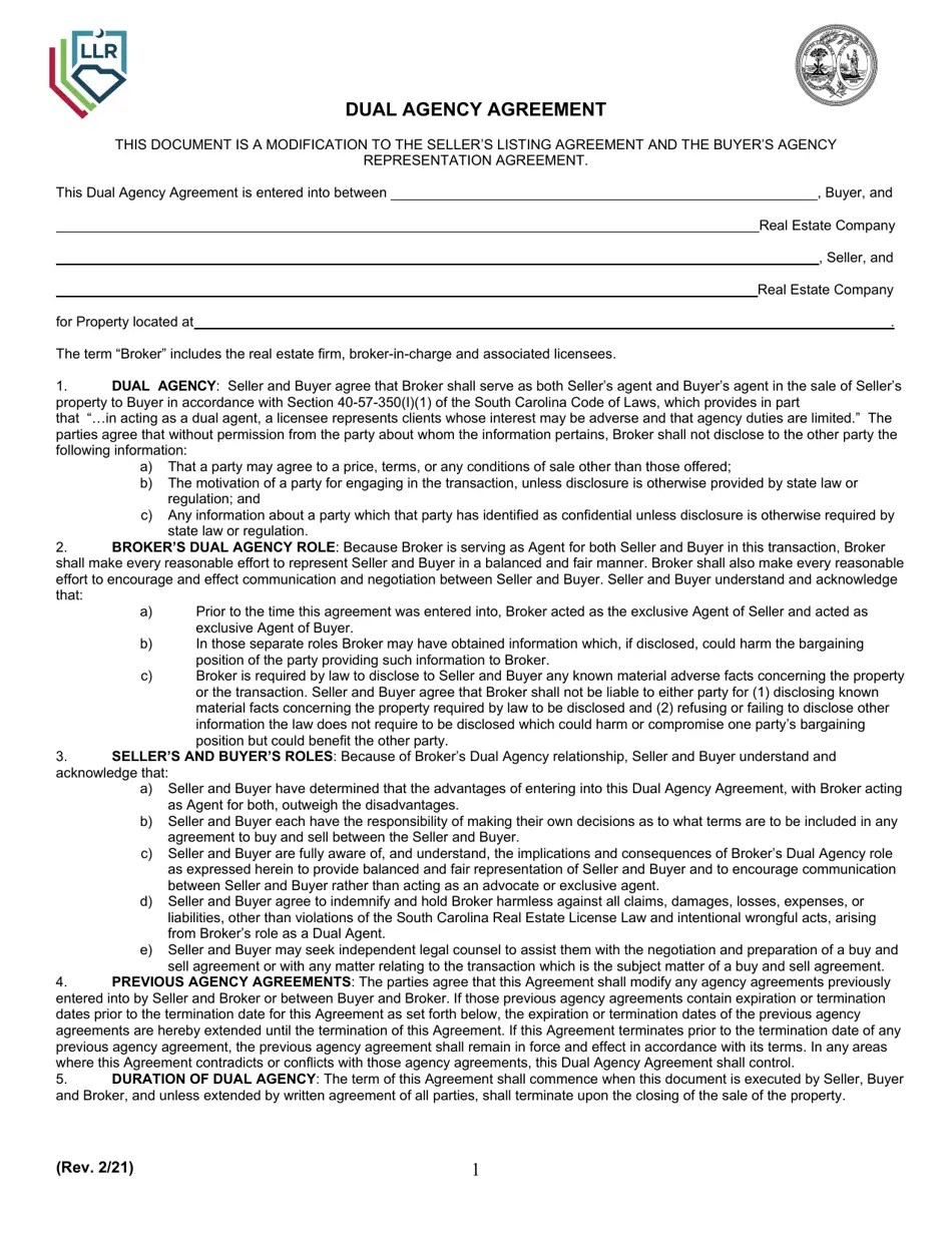 South Carolina Dual Agency Agreement Download Printable PDF
