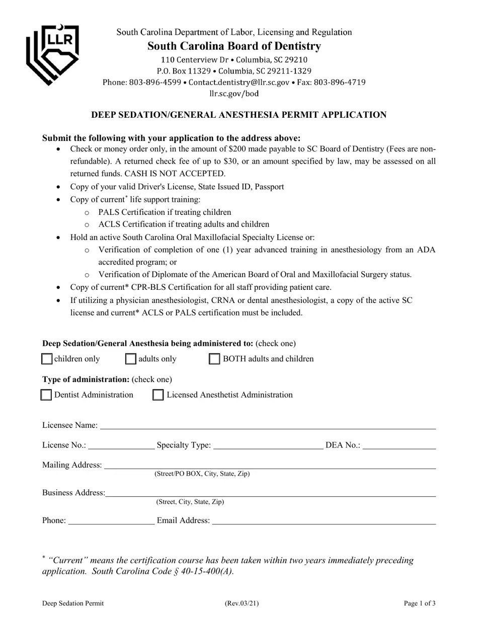 South Carolina Deep Sedation/General Anesthesia Permit Application Fill Out, Sign Online and