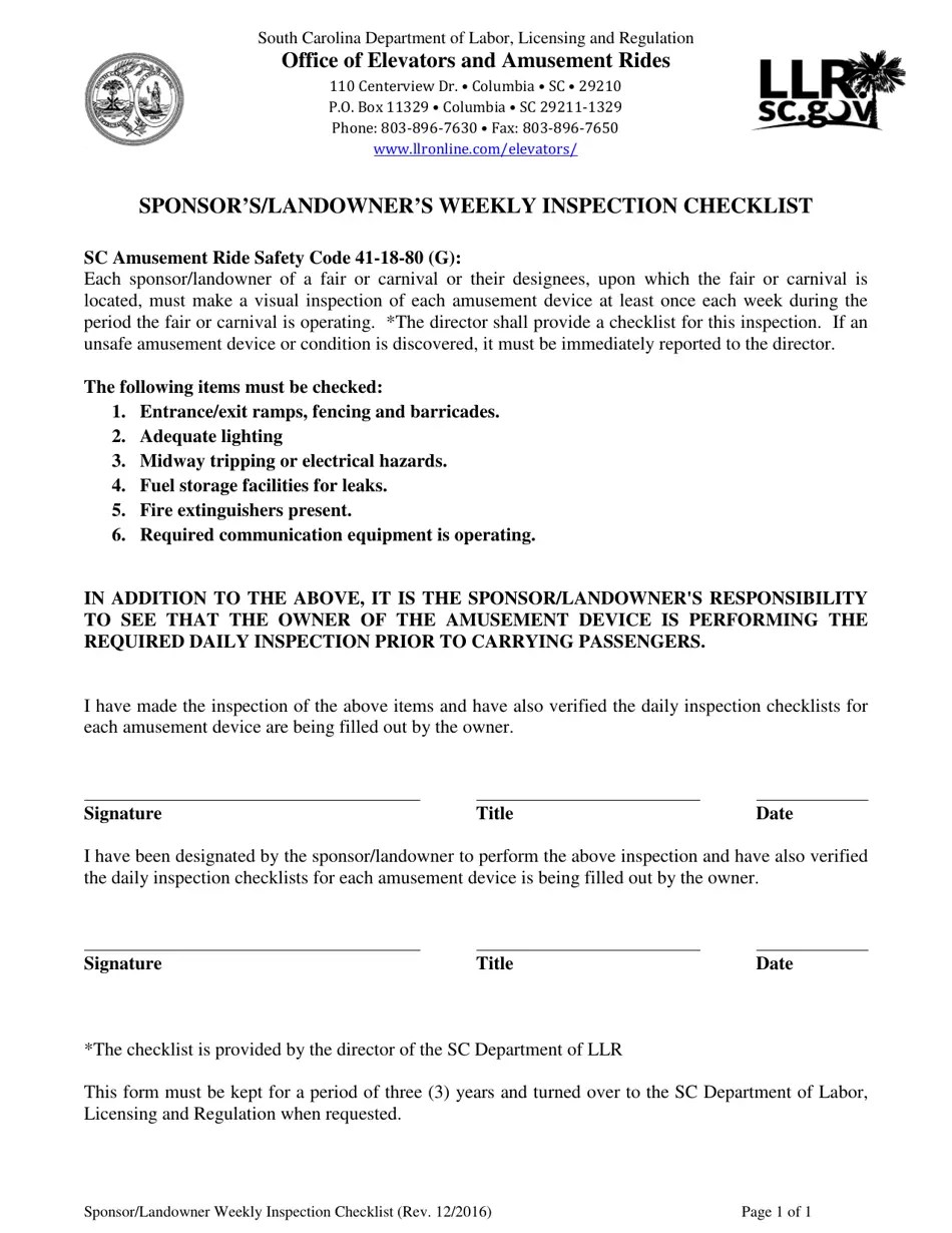 South Carolina Sponsor's/Landowner's Weekly Inspection Checklist Fill