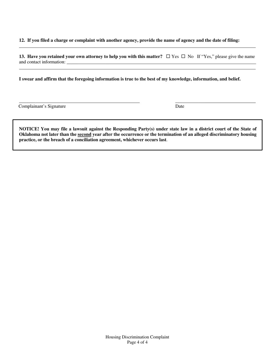 Oklahoma Housing Discrimination Complaint Fill Out, Sign Online and