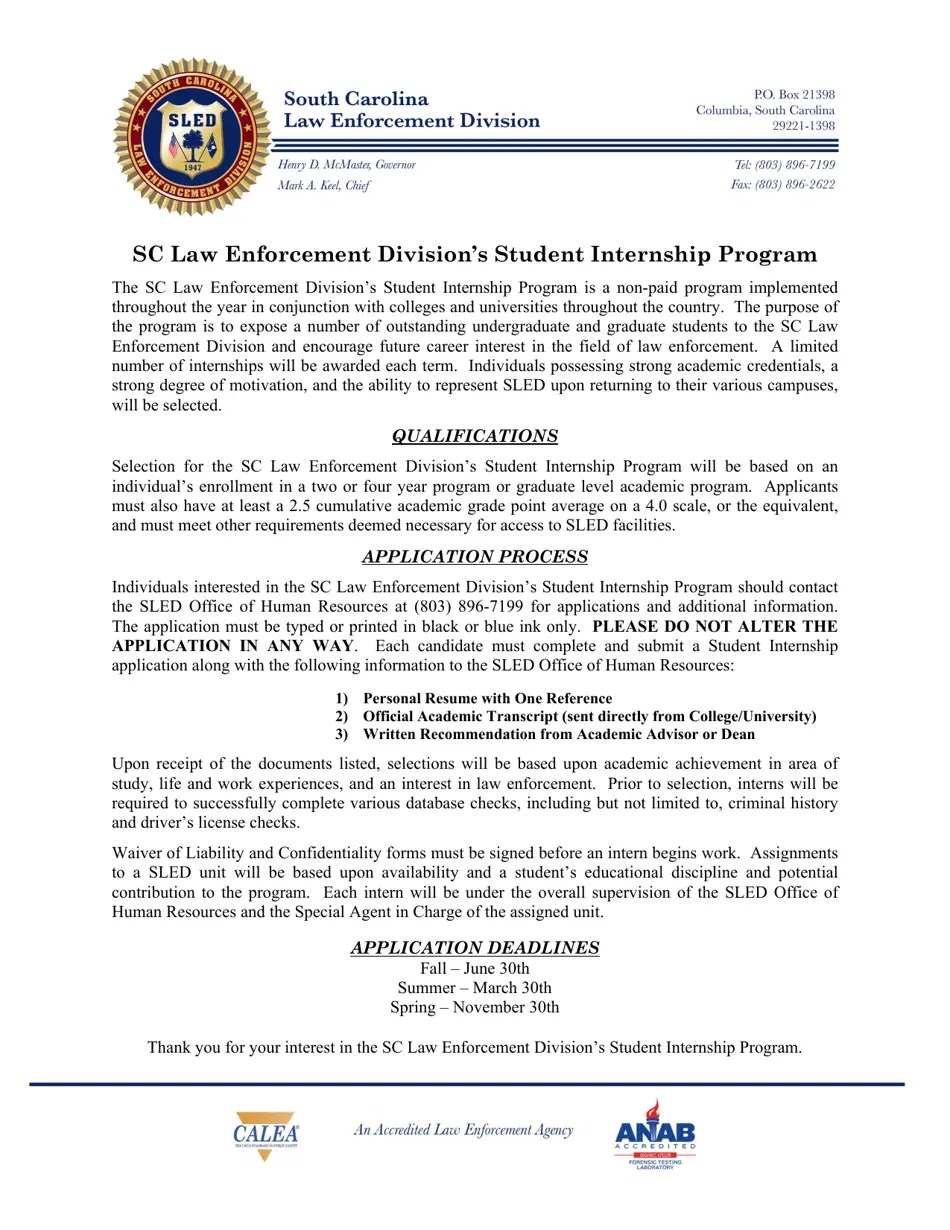 South Carolina Sled Student Internship Application Fill Out, Sign Online and Download PDF