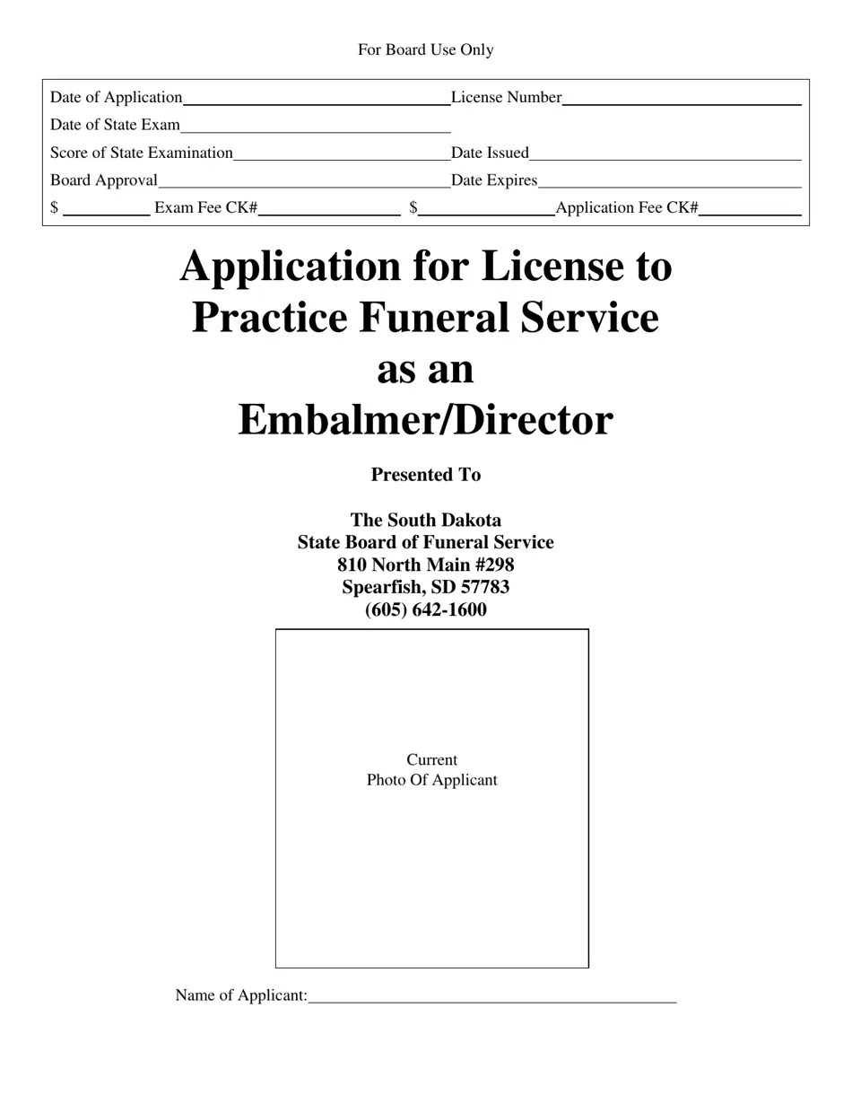 South Dakota Application for License to Practice Funeral Service as an