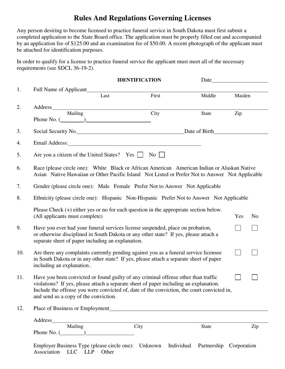 South Dakota Application for License to Practice Funeral Service as an