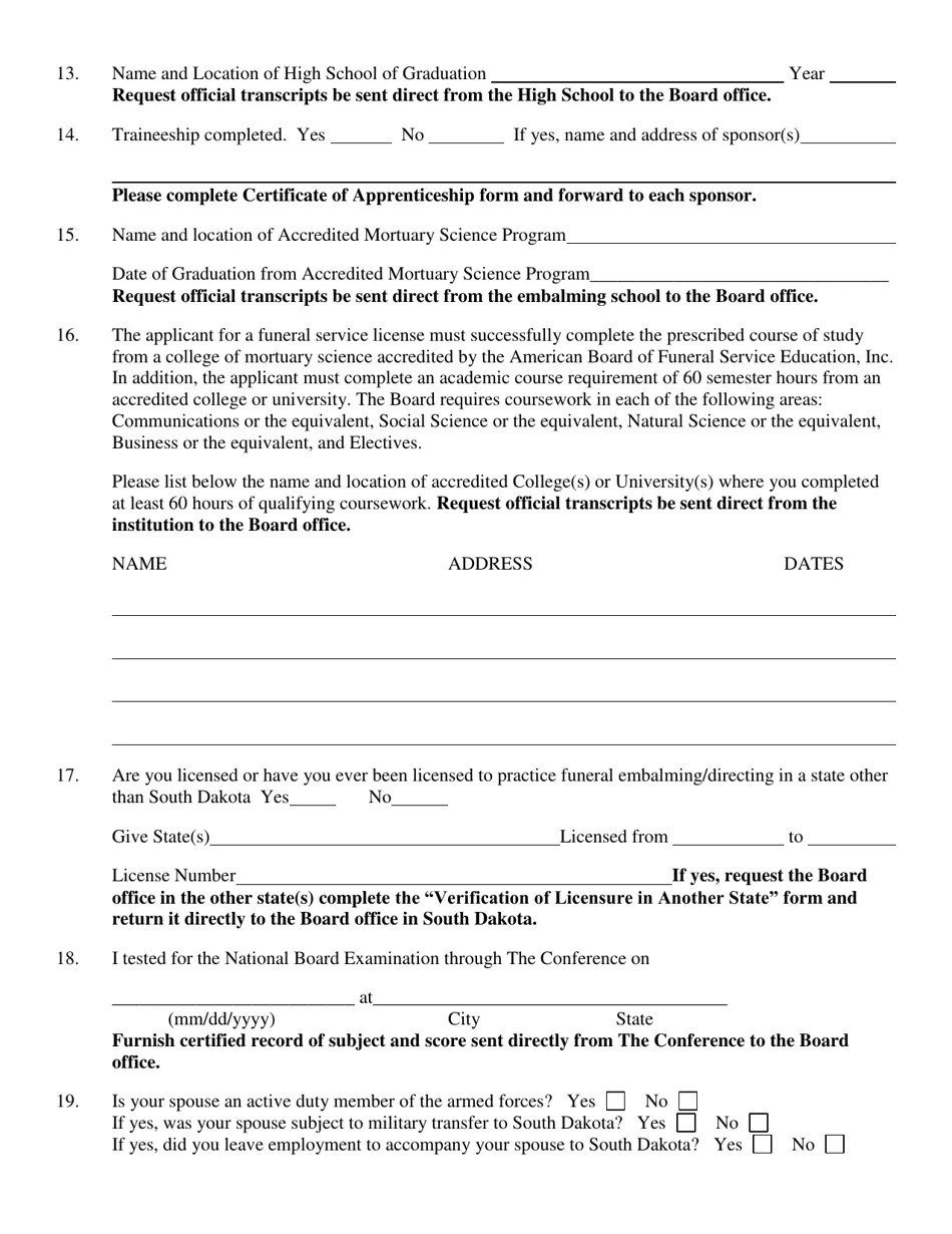South Dakota Application for License to Practice Funeral Service as an