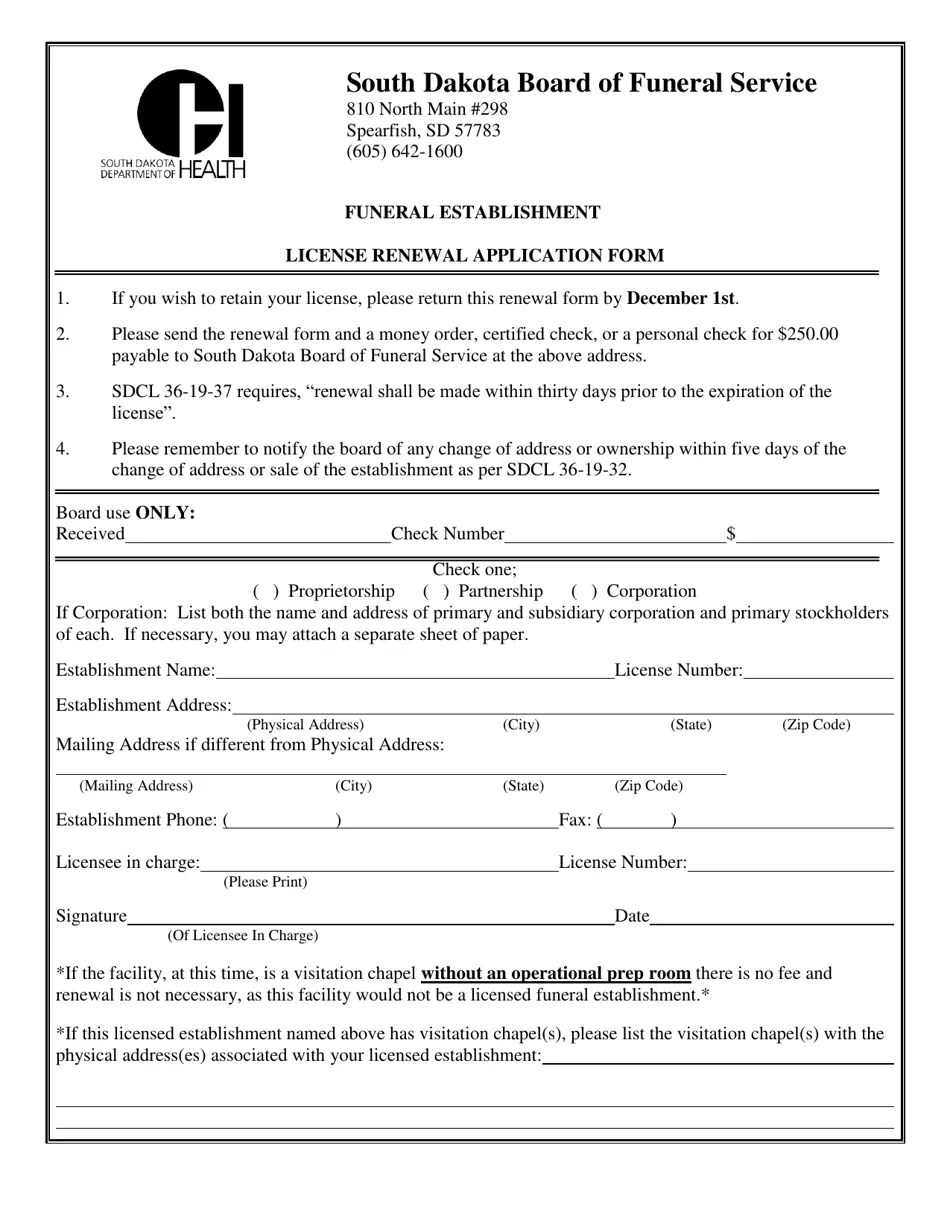 South Dakota Funeral Establishment License Renewal Application Form