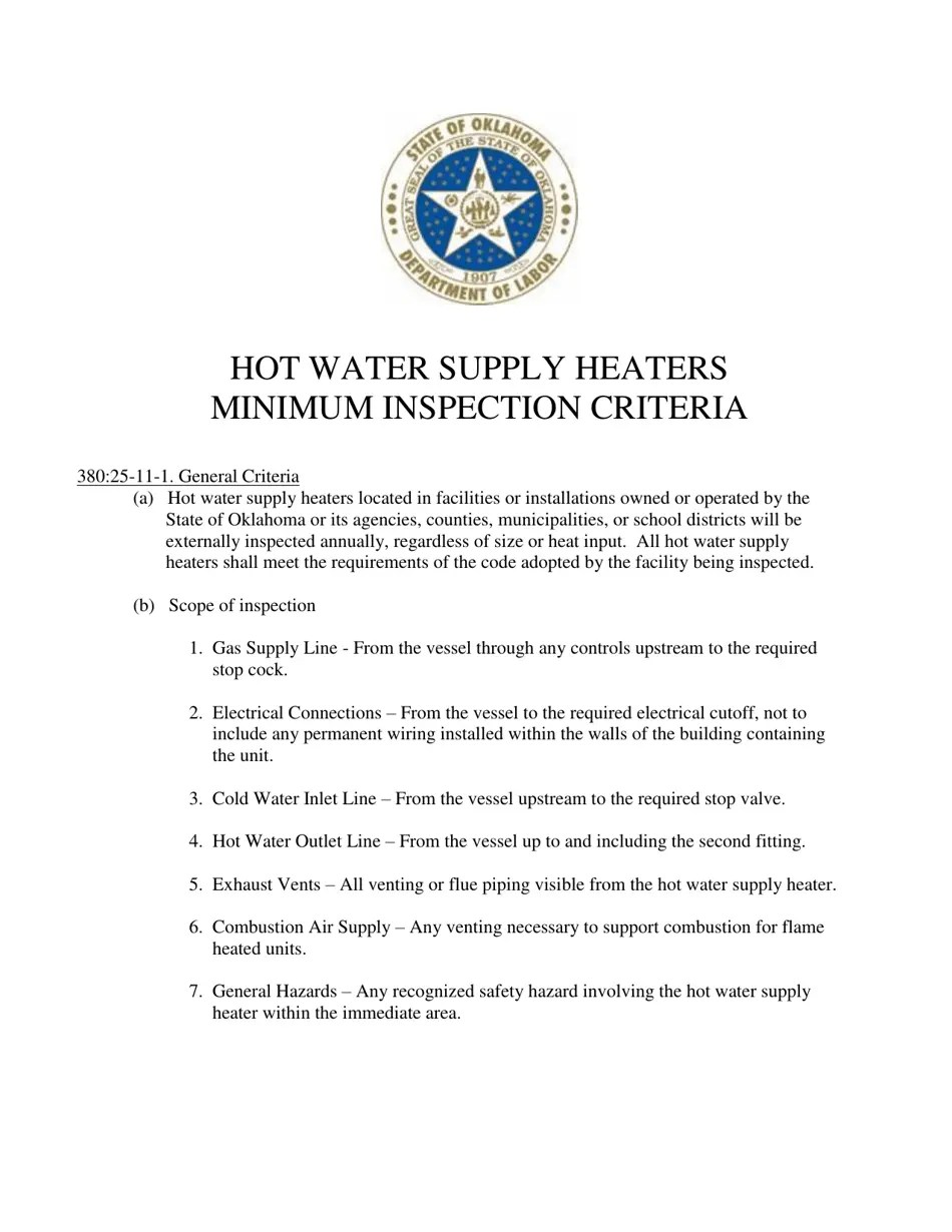 Oklahoma Inspection Checklist for Hot Water Heaters Fill Out, Sign Online and Download PDF