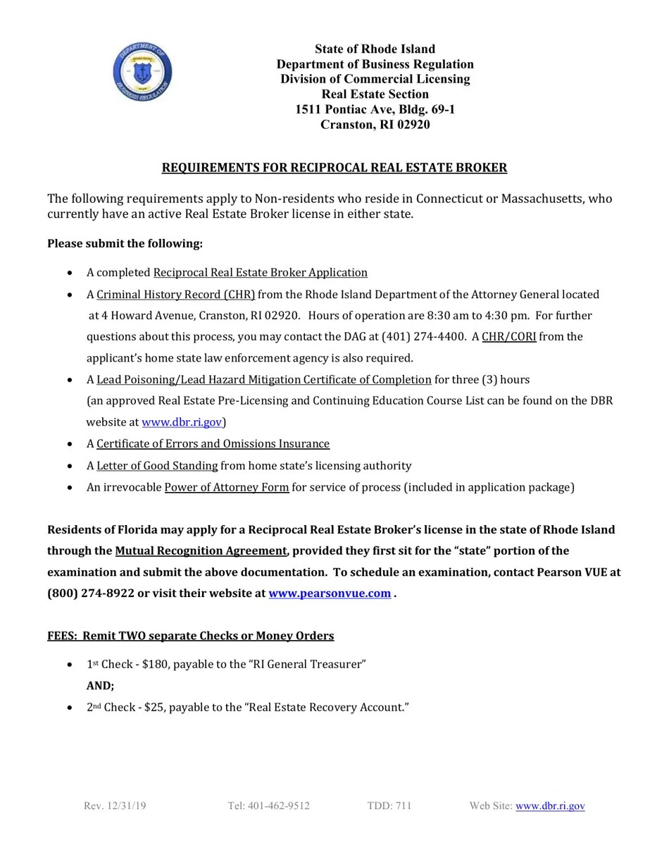 Rhode Island Reciprocal Real Estate Broker Application Download