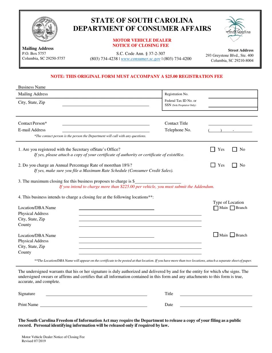 South Carolina Motor Vehicle Dealer Notice of Closing Fee Fill Out