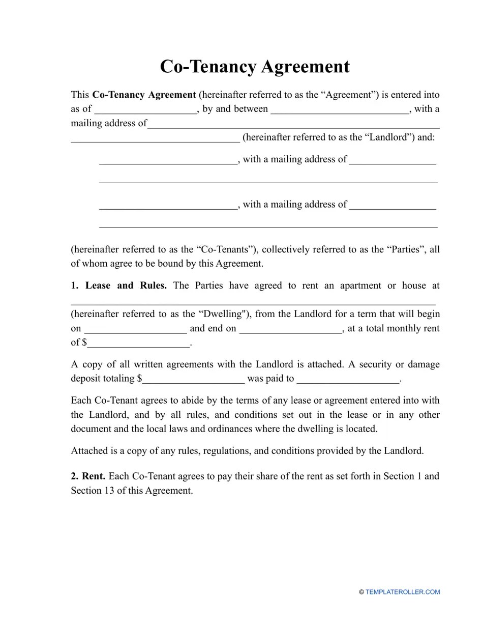 Cotenancy Agreement Template Sixteen Points Fill Out, Sign Online