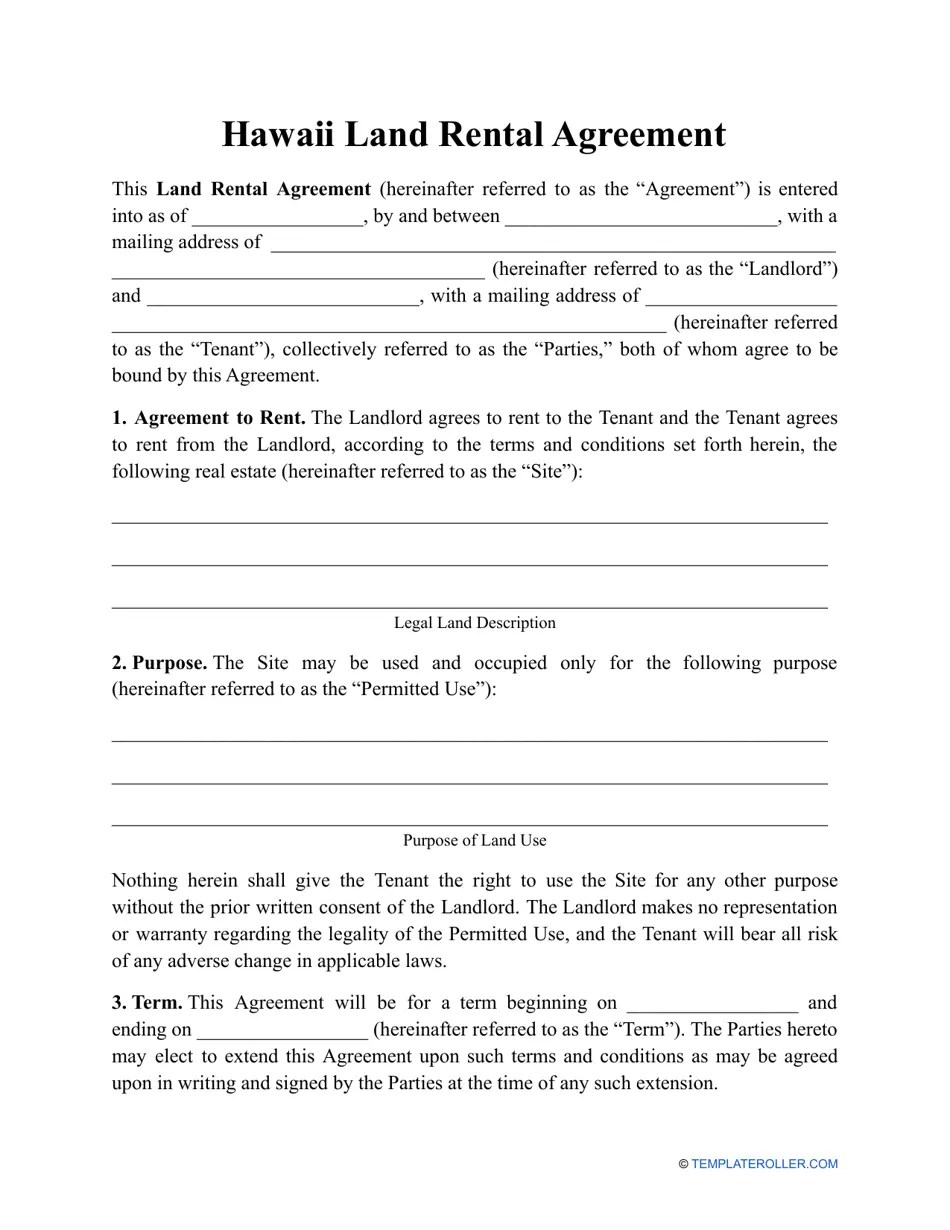 Hawaii Land Rental Agreement Template Fill Out, Sign Online and