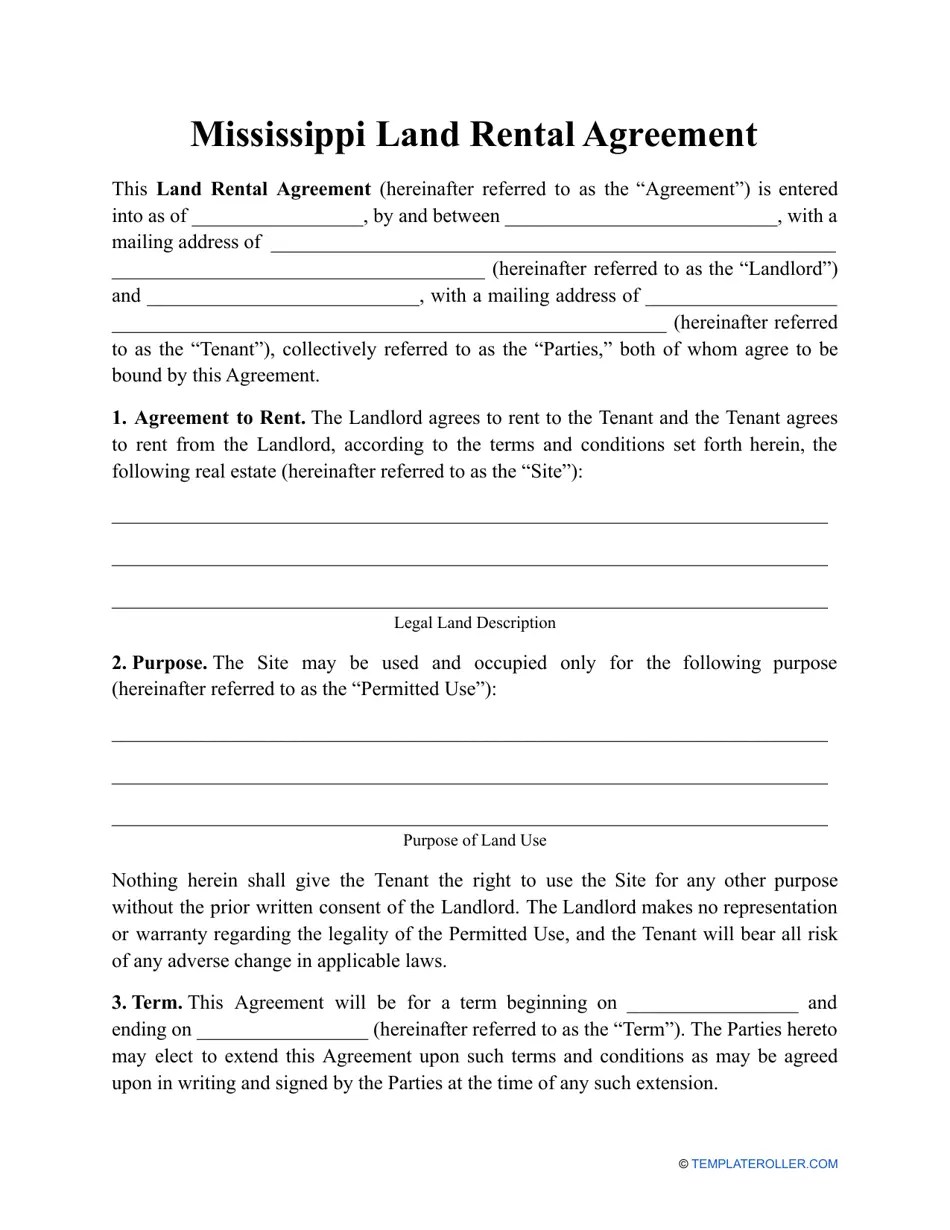 Mississippi Land Rental Agreement Template Fill Out, Sign Online and