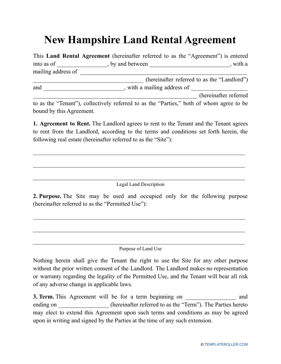 New Hampshire Land Rental Agreement Template Fill Out, Sign Online and Download PDF