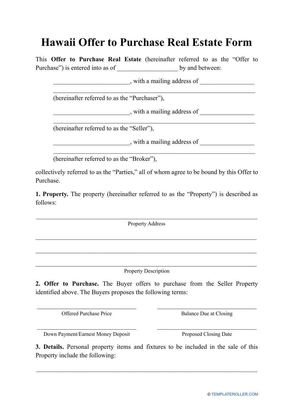 Hawaii Offer to Purchase Real Estate Form Fill Out, Sign Online and