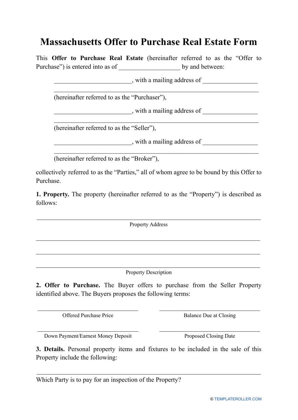 Massachusetts Offer to Purchase Real Estate Form Fill Out, Sign